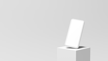 Product display. Display plinths. Stand. White color. Smartphone. Mockup. Copy space. 3d illustration.