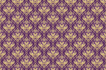 金色のダマスク柄のシームレスパターン、紫の背景