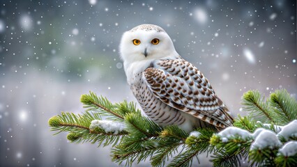 Snowy owl perched on pine branch during winter snowfall