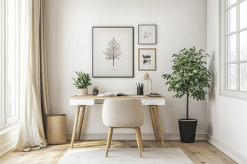 Bright and airy home office with white desk, indoor plants, and minimalistic decor for a calm and productive workspace