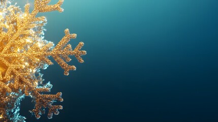 Golden snowflake glowing against a blue wintry background.
