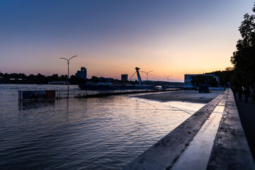 Danube river during the flood water in the evening and the night