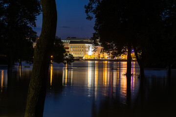 Danube river during the flood water in the evening and the night