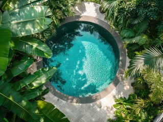 Overhead View of a Circular Swimming Pool Surrounded by Lush Tropical Greenery
