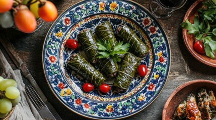 Balkan traditional dish of minced pork in grape leaves served on a pretty plate