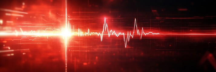 Red Digital Pulse Data Streaks with a Glowing White Heartbeat Line on a Technology Background.