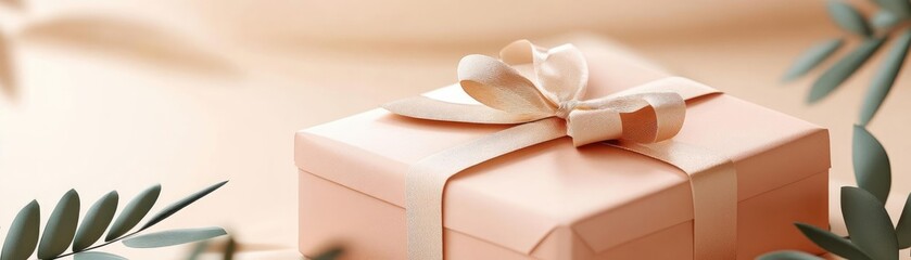 A beautifully wrapped gift box adorned with a soft ribbon, surrounded by delicate foliage, perfect for celebrations.