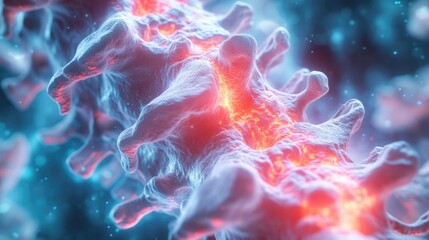 Obraz premium Close-up view of a vibrant, abstract structure resembling a biological cell with glowing elements, showcasing intricate details.