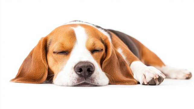 Beagle dog sleeping peacefully on a white background. Happy animal theme.