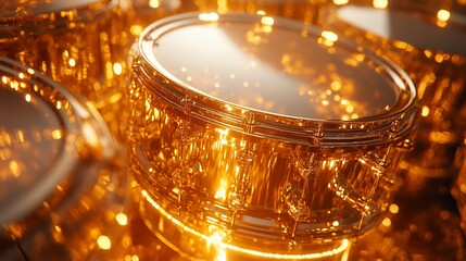 Close-up of a shiny gold drum set with warm light reflecting off the surface.