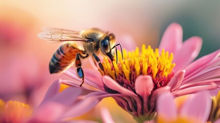 Fototapeta premium A close-up of a bee collecting nectar from a vibrant flower, showcasing nature's beauty and the importance of pollinators.