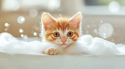 kitten bathing in a bathtub. cat bathing. kitten in foam. cat lovers concept. cat care.