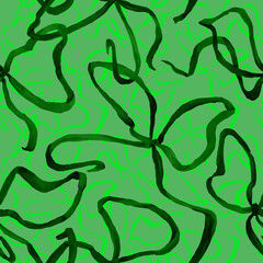 Seamless watercolor pattern with green silk bows. Illustration of elegant satin thin ribbons on greenish background. Design for festive decor, covers, textile. Tangled lines make optical illusion. 