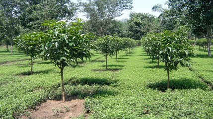 Scenic view of a green tea plantation with well-maintained rows of tea plants, a harmonious blend of nature, agriculture, and sustainability in a peaceful environment.