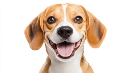 Happy beagle dog with a joyful expression, white 
 background, Happy animal theme.