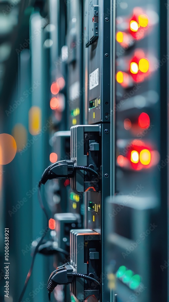 Poster a close-up view of a modern data center with illuminated servers and intricate wiring, representing 