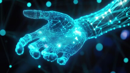 A futuristic, glowing hand illustration representing advanced technology and artificial intelligence in a digital landscape.