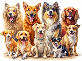 Playful Illustration of Different Dog Sizes in Various Poses and Expressions for Pet Lovers