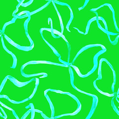 Seamless minimalistic pattern with transparent blue silk bows. Illustration of elegant satin thin ribbons on green background. Design for festive decor, gift wrapping, textile. Tangled lines