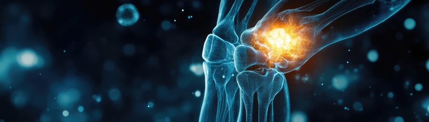 Obraz premium 3D illustration of a human joint with glowing particles, symbolizing pain or inflammation. Ideal for medical and health-related concepts.