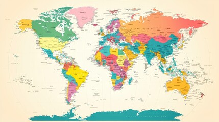 Naklejka premium A colorful world map featuring distinct countries and regions, perfect for educational and illustrative purposes.