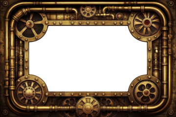 Steampunk frame with intricate details. Bolts, gears, screws, pipes. Made of steel, copper, brass and other Victorian retro vintage material. Industrial Engineering. Transparent PNG background.
