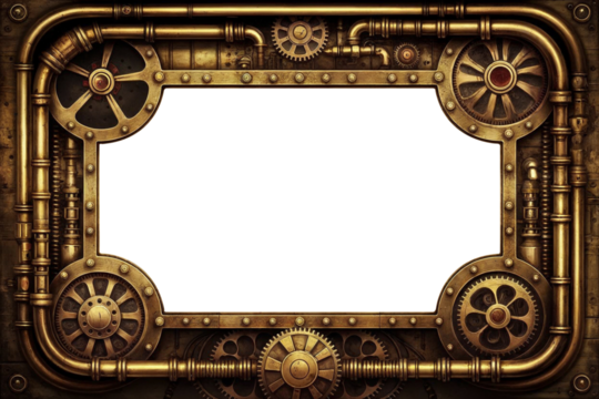 Steampunk frame with intricate details. Bolts, gears, screws, pipes. Made of steel, copper, brass and other Victorian retro vintage material. Industrial Engineering. Transparent PNG background.