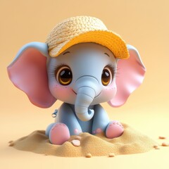 Fototapeta premium Adorable cartoon elephant wearing a straw hat, joyfully sitting in sand. Perfect for kids' themes and playful designs.