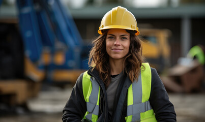 A smiling woman engineer wearing a hard hat and safety vest on a construction site.