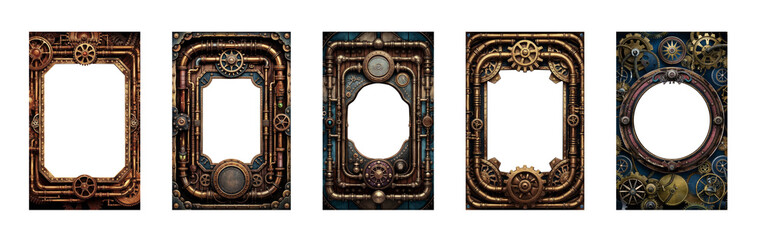 Mega set of Steampunk frame with intricate details. Bolts, gears, screws, pipes. Made of steel, copper, brass and other Victorian retro vintage material. Industrial Engineering. 