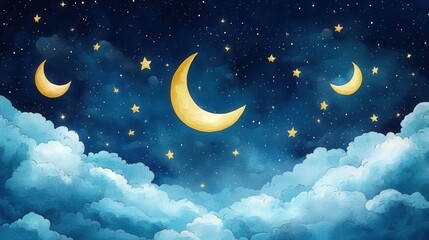 Naklejka premium Dreamy Night Sky with Moons and Stars