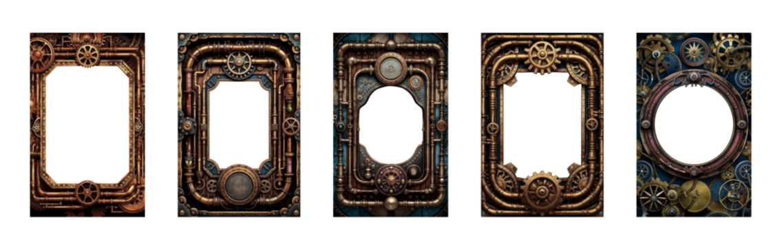 Mega set of Steampunk frame with intricate details. Bolts, gears, screws, pipes. Made of steel, copper, brass and other Victorian retro vintage material. Industrial Engineering.  - Powered by Adobe