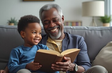 Obraz premium African American Grandfather is reading a book to his little grandson. smiling elderly African American grey haired man reading a book boy. Grandparents' Day. Father and son are reading a book. 
