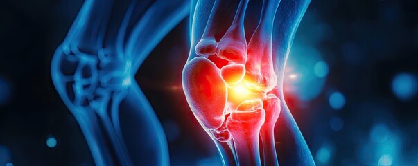 Naklejka premium Illustration of a glowing knee joint highlighting pain and inflammation, depicting the importance of joint health and anatomy.