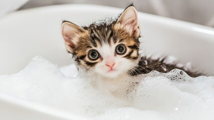 kitten bathing in a bathtub. cat bathing. kitten in foam. cat lovers concept. cat care.