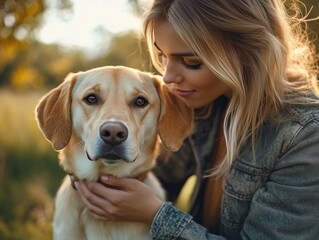 A woman gently applies flea and tick treatment to her dog in a sunny outdoor setting.