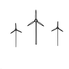 Graphic linear vector image of three wind turbines in a row, symbolizing renewable energy and environmental friendliness.
