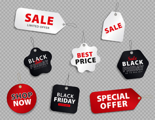 Template of red, white and black shopping tags for Black Friday. Mock up of discount paper labels, stickers with string for hanging and text - super SALE, special offer, best price, hot deal, shop now