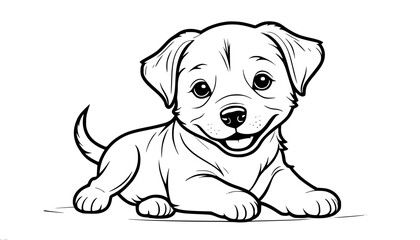 Fototapeta premium Black and white vector illustration of a puppy with a joyful expression lying with its front paws outstretched and its tail wagging