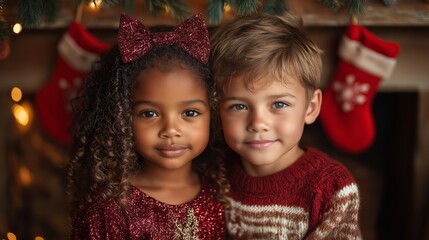 Adorable Multiracial Children in Festive Outfits Smiling Together by the Christmas Tree, Surrounded by Holiday Lights and Stockings