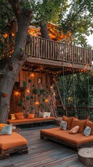 A cozy treehouse adorned with warm lights, inviting cushions, and surrounded by lush greenery create a serene retreat.