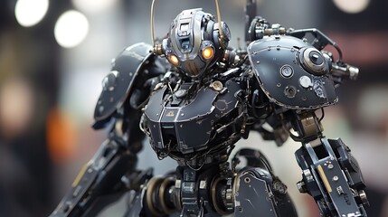 Fototapeta premium Intricate mecha figure with detailed armor and complex gear systems