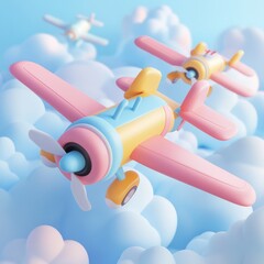 Vibrant cartoon planes soaring through fluffy clouds, perfect for children's themes and aviation illustrations.
