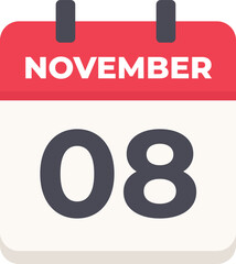 08 November- Daily Calendar Icon in flat design style red and white