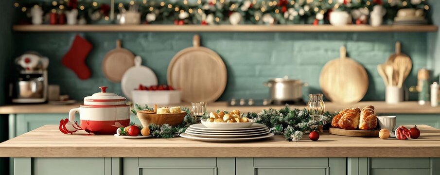 A beautifully arranged holiday kitchen countertop with festive decorations, delicious food, and cozy ambiance for celebrations.