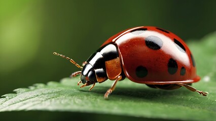 Fototapeta premium A 3D render of a vibrant red ladybug on a green leaf, symbolizing good luck, happiness, and positive energy, often considered a sign of future prosperity and success.