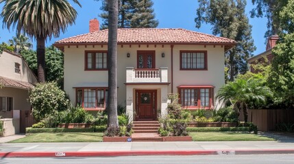 Fototapeta premium White craftsman-style house with bright red accents, front view in a suburban area, featuring modern landscaping and classic design details, blending tradition and innovation.