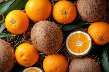 Pattern with fresh ripe oranges and coconuts.