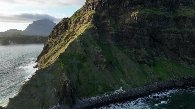 Aerial footage of Lord Howe island from North end looking down South towards Mount Gower
