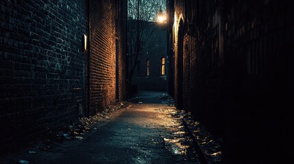 A dimly lit alleyway with wet pavement, brick walls, and a soft glow from a street lamp, creating an eerie and mysterious atmosphere.